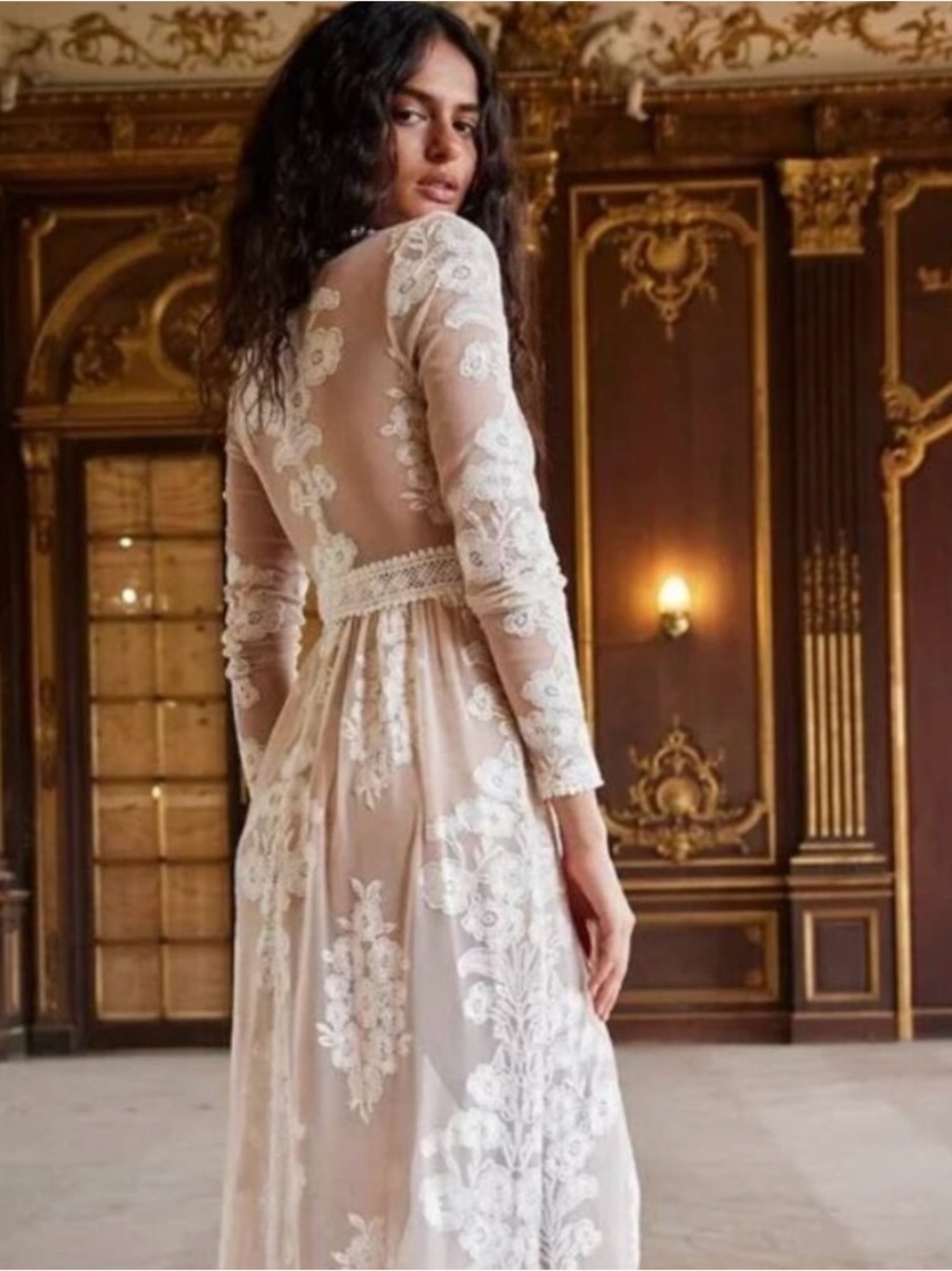 For Love & Lemons Temecula Maxi Dress with White Floral Lace - Picture 3 of 6